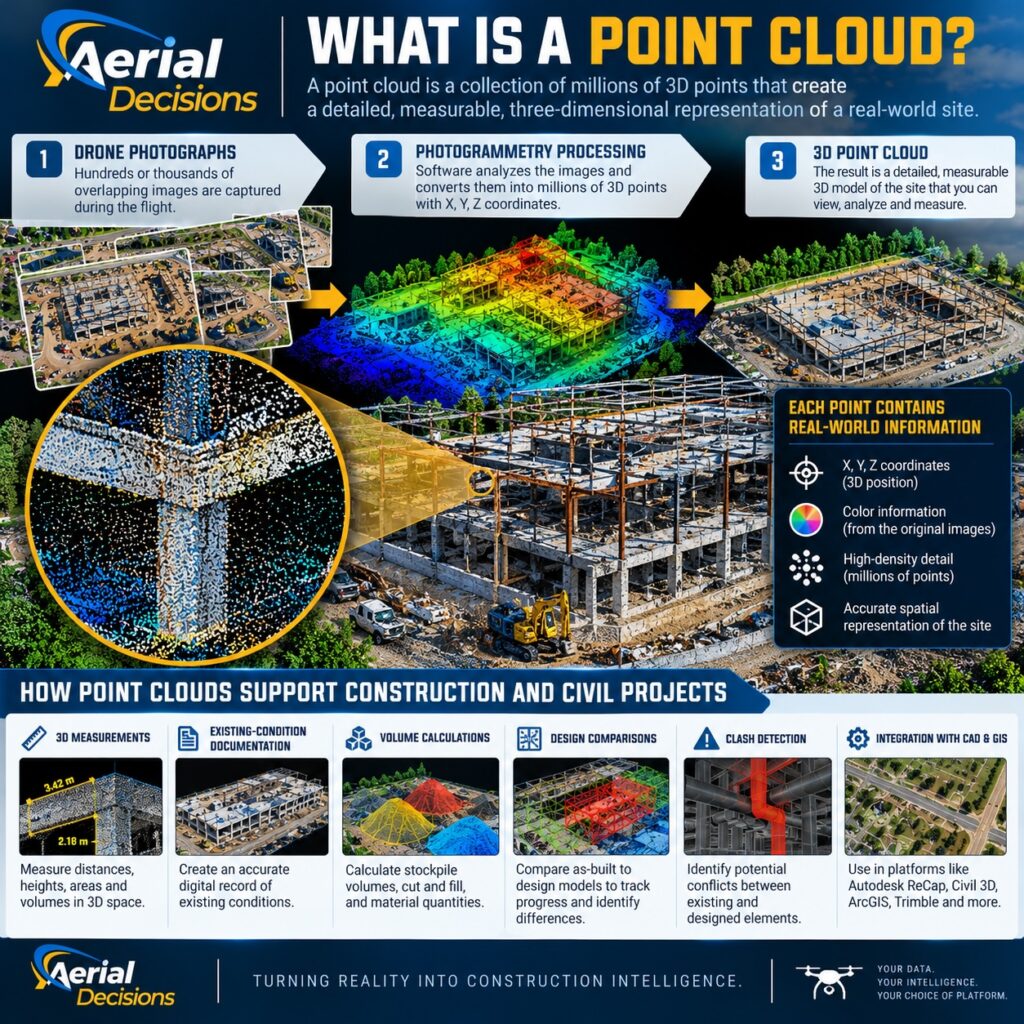Point cloud is a collection of 3D hints that create a detailed, measurable, three-dimensional representation of a real-world construction site.
